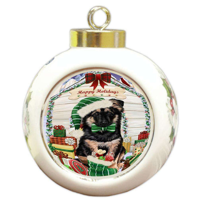 Happy Holidays Christmas German Shepherd Dog House with Presents Round Ball Christmas Ornament RBPOR51417