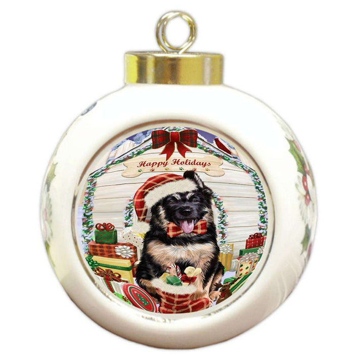 Happy Holidays Christmas German Shepherd Dog House with Presents Round Ball Christmas Ornament RBPOR51418