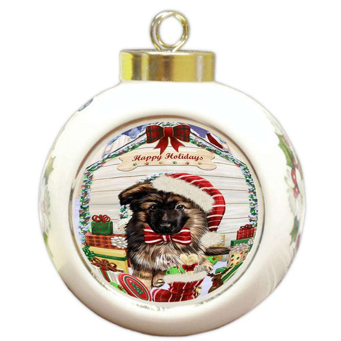 Happy Holidays Christmas German Shepherd Dog House with Presents Round Ball Christmas Ornament RBPOR51419
