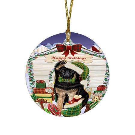 Happy Holidays Christmas German Shepherd Dog House with Presents Round Flat Christmas Ornament RFPOR51407