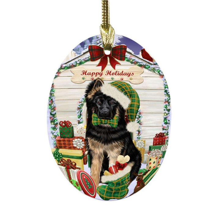 Happy Holidays Christmas German Shepherd House With Presents Oval Glass Christmas Ornament OGOR49866