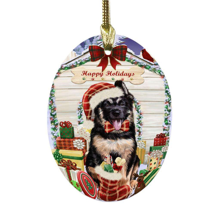 Happy Holidays Christmas German Shepherd House With Presents Oval Glass Christmas Ornament OGOR49868