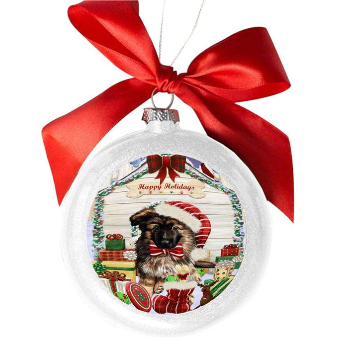 Happy Holidays Christmas German Shepherd House With Presents White Round Ball Christmas Ornament WBSOR49869