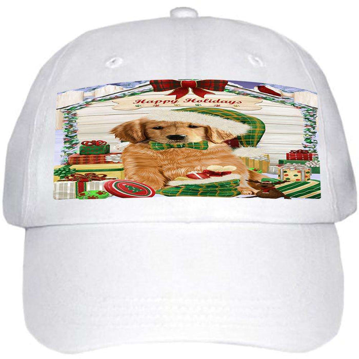 Happy Holidays Christmas Golden Retriever Dog House with Presents Ball Hat Cap HAT57993