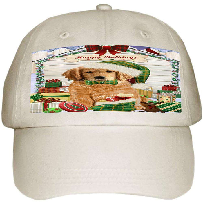 Happy Holidays Christmas Golden Retriever Dog House with Presents Ball Hat Cap HAT57993