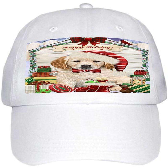 Happy Holidays Christmas Golden Retriever Dog House with Presents Ball Hat Cap HAT58002