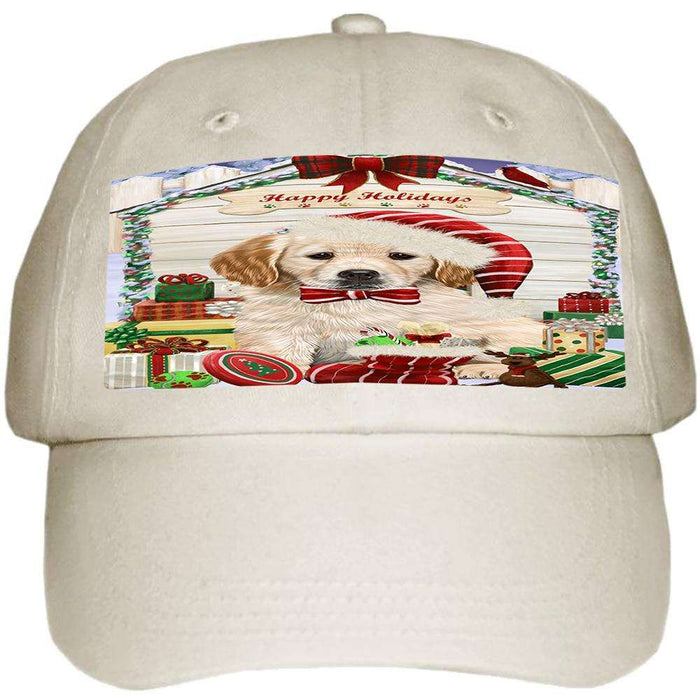 Happy Holidays Christmas Golden Retriever Dog House with Presents Ball Hat Cap HAT58002