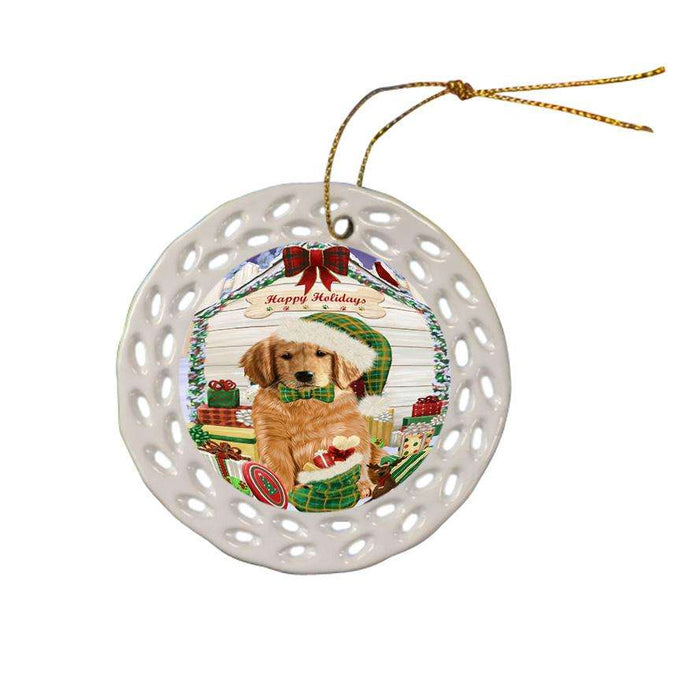 Happy Holidays Christmas Golden Retriever Dog House with Presents Ceramic Doily Ornament DPOR51420