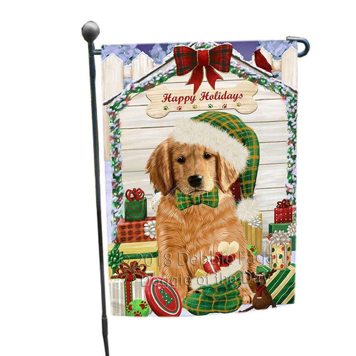 Happy Holidays Christmas Golden Retriever Dog House with Presents Garden Flag GFLG51357