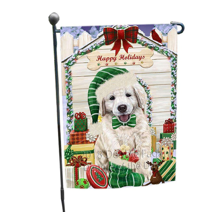 Happy Holidays Christmas Golden Retriever Dog House with Presents Garden Flag GFLG51358