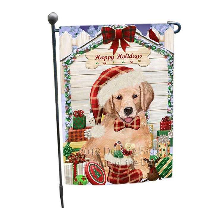 Happy Holidays Christmas Golden Retriever Dog House with Presents Garden Flag GFLG51359