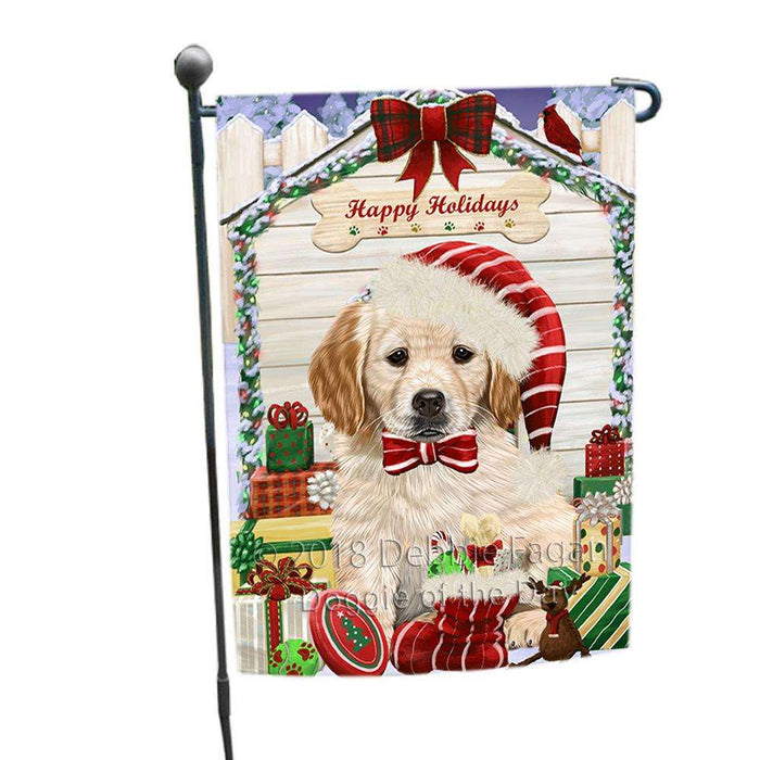 Happy Holidays Christmas Golden Retriever Dog House with Presents Garden Flag GFLG51360