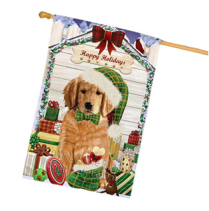 Happy Holidays Christmas Golden Retriever Dog House with Presents House Flag FLG51493