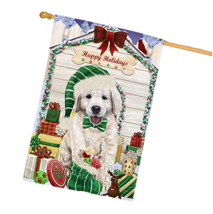 Happy Holidays Christmas Golden Retriever Dog House with Presents House Flag FLG51494