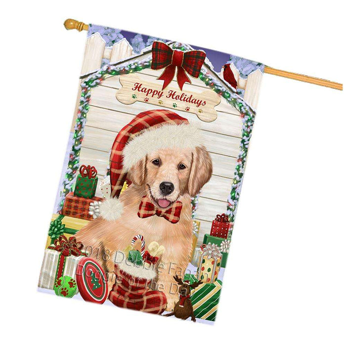 Happy Holidays Christmas Golden Retriever Dog House with Presents House Flag FLG51495