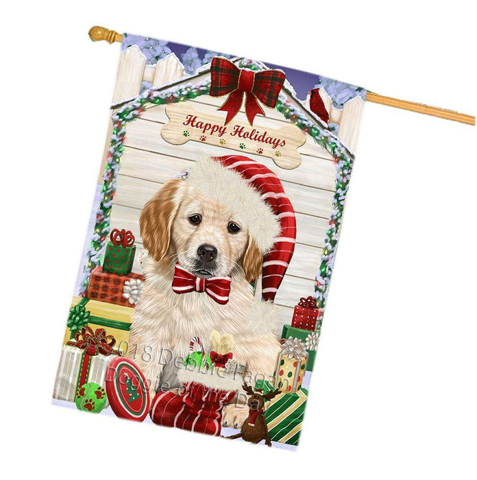 Happy Holidays Christmas Golden Retriever Dog House with Presents House Flag FLG51496