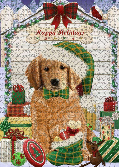 Happy Holidays Christmas Golden Retriever Dog House with Presents Puzzle with Photo Tin PUZL58167