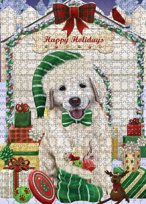 Happy Holidays Christmas Golden Retriever Dog House with Presents Puzzle with Photo Tin PUZL58170