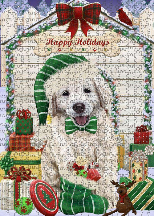 Happy Holidays Christmas Golden Retriever Dog House with Presents Photo Tin PTIN58170