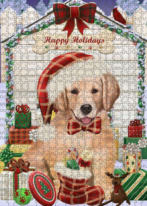 Happy Holidays Christmas Golden Retriever Dog House with Presents Puzzle with Photo Tin PUZL58173