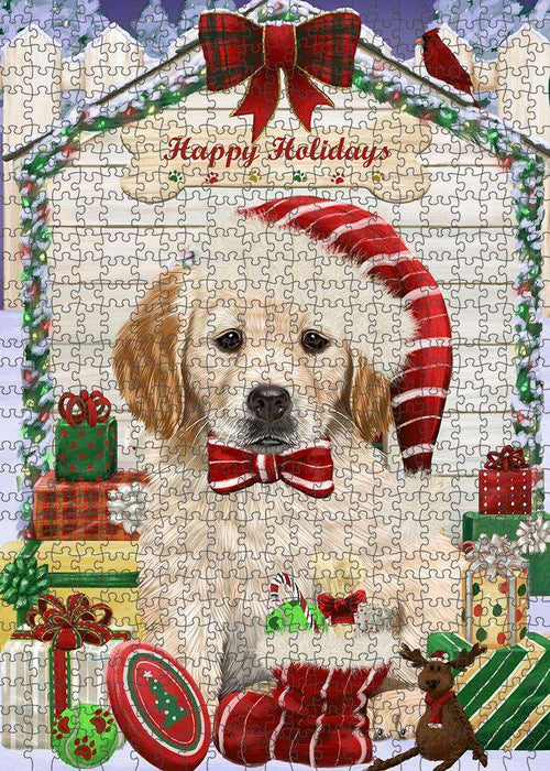 Happy Holidays Christmas Golden Retriever Dog House with Presents Puzzle with Photo Tin PUZL58176