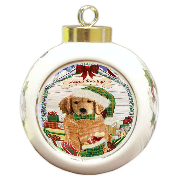 Happy Holidays Christmas Golden Retriever Dog House with Presents Round Ball Christmas Ornament RBPOR51420