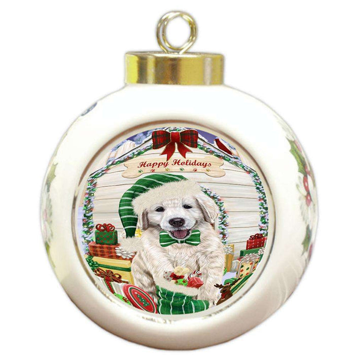 Happy Holidays Christmas Golden Retriever Dog House with Presents Round Ball Christmas Ornament RBPOR51421
