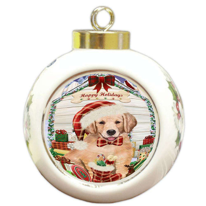 Happy Holidays Christmas Golden Retriever Dog House with Presents Round Ball Christmas Ornament RBPOR51422