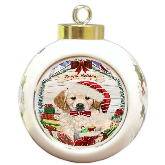 Happy Holidays Christmas Golden Retriever Dog House with Presents Round Ball Christmas Ornament RBPOR51423