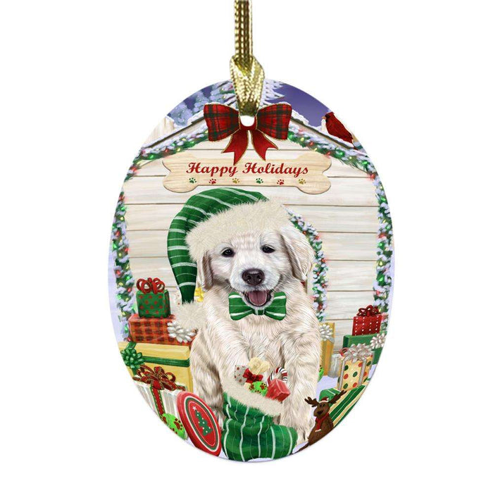 Happy Holidays Christmas Golden Retriever House With Presents Oval Glass Christmas Ornament OGOR49871