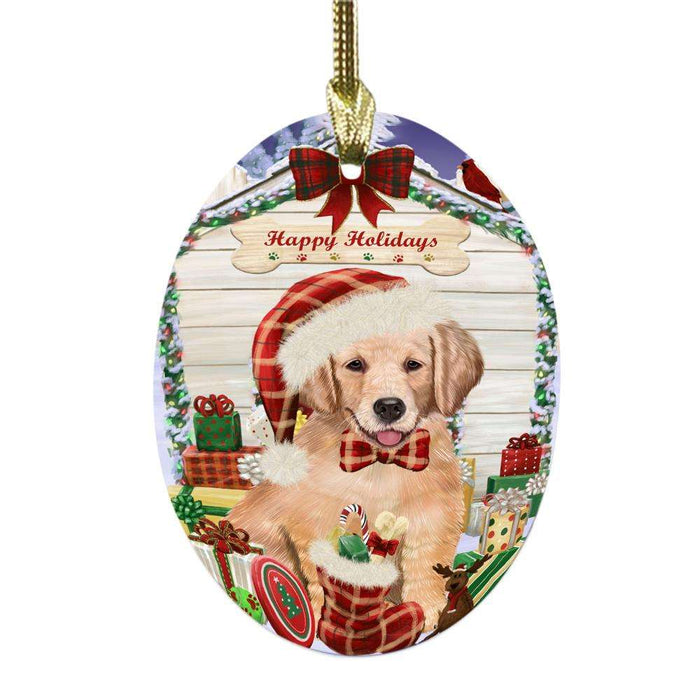 Happy Holidays Christmas Golden Retriever House With Presents Oval Glass Christmas Ornament OGOR49872