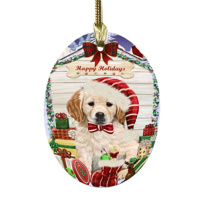 Happy Holidays Christmas Golden Retriever House With Presents Oval Glass Christmas Ornament OGOR49873