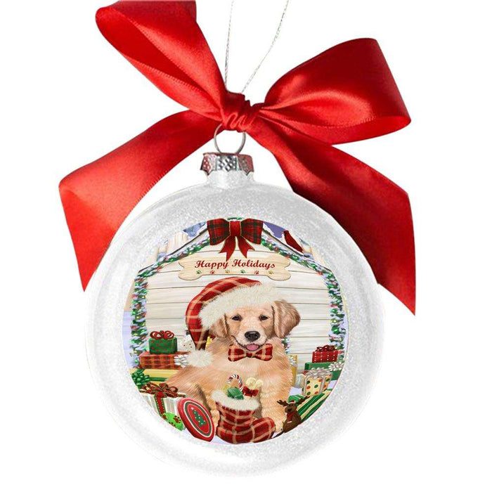 Happy Holidays Christmas Golden Retriever House With Presents White Round Ball Christmas Ornament WBSOR49872
