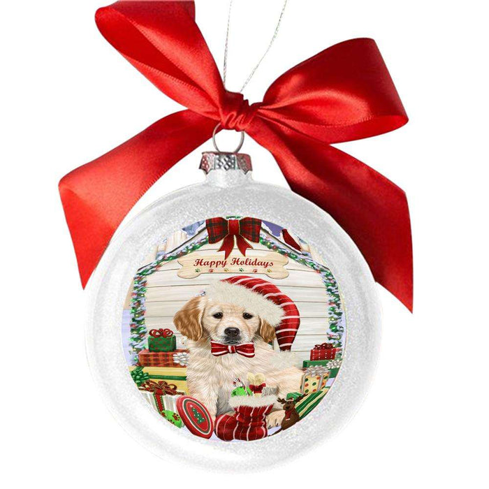 Happy Holidays Christmas Golden Retriever House With Presents White Round Ball Christmas Ornament WBSOR49873