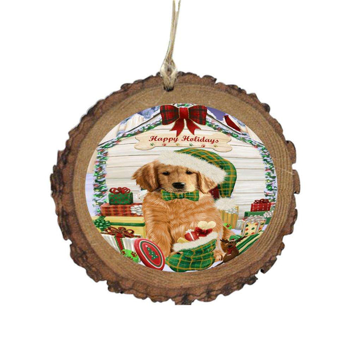Happy Holidays Christmas Golden Retriever House With Presents Wooden Christmas Ornament WOR49870