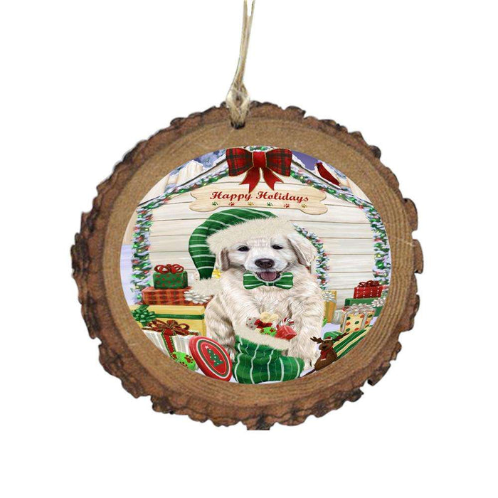 Happy Holidays Christmas Golden Retriever House With Presents Wooden Christmas Ornament WOR49871