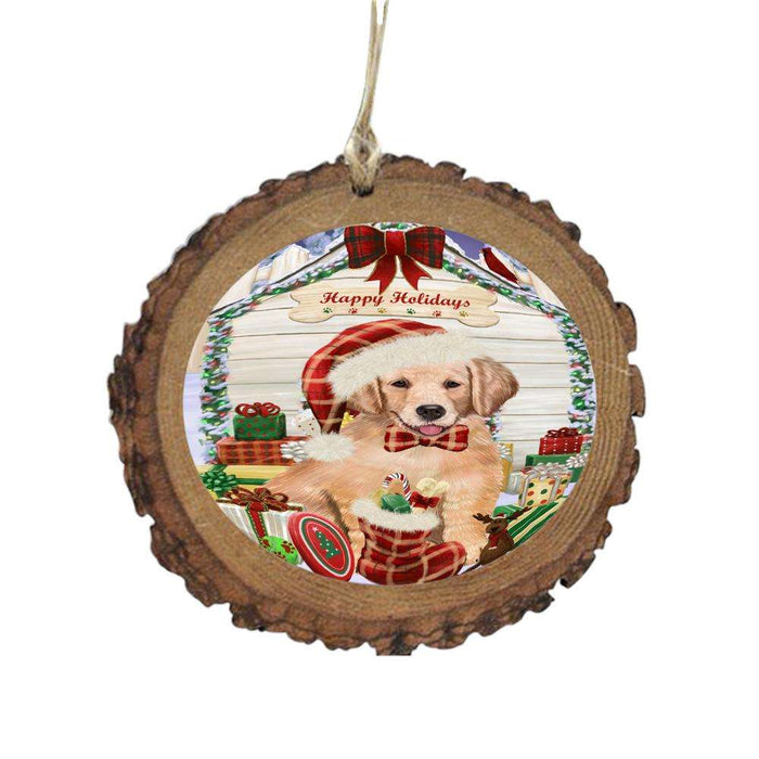 Happy Holidays Christmas Golden Retriever House With Presents Wooden Christmas Ornament WOR49872