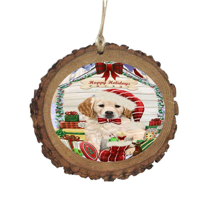 Happy Holidays Christmas Golden Retriever House With Presents Wooden Christmas Ornament WOR49873