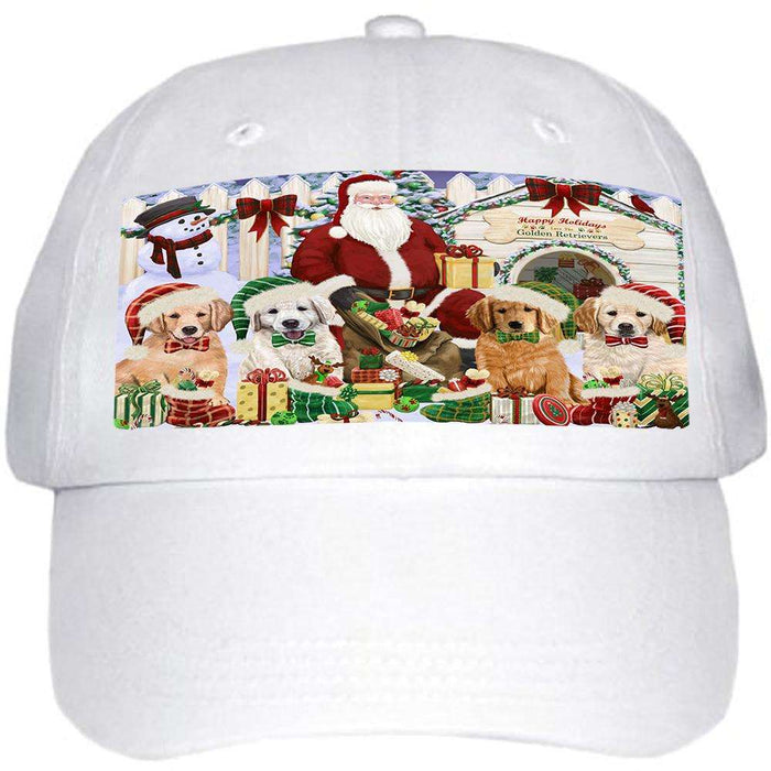 Happy Holidays Christmas Golden Retrievers Dog House Gathering Ball Hat Cap HAT58092