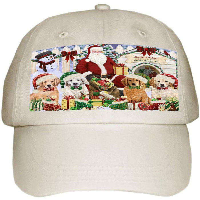 Happy Holidays Christmas Golden Retrievers Dog House Gathering Ball Hat Cap HAT58092