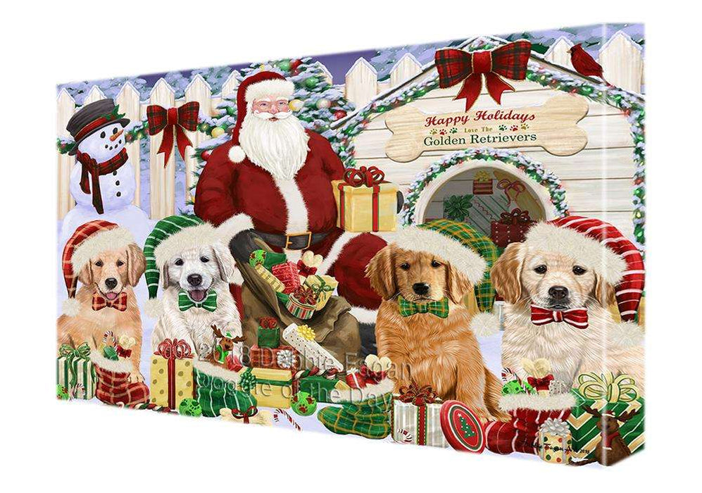 Happy Holidays Christmas Golden Retrievers Dog House Gathering Canvas Print Wall Art Décor CVS79127
