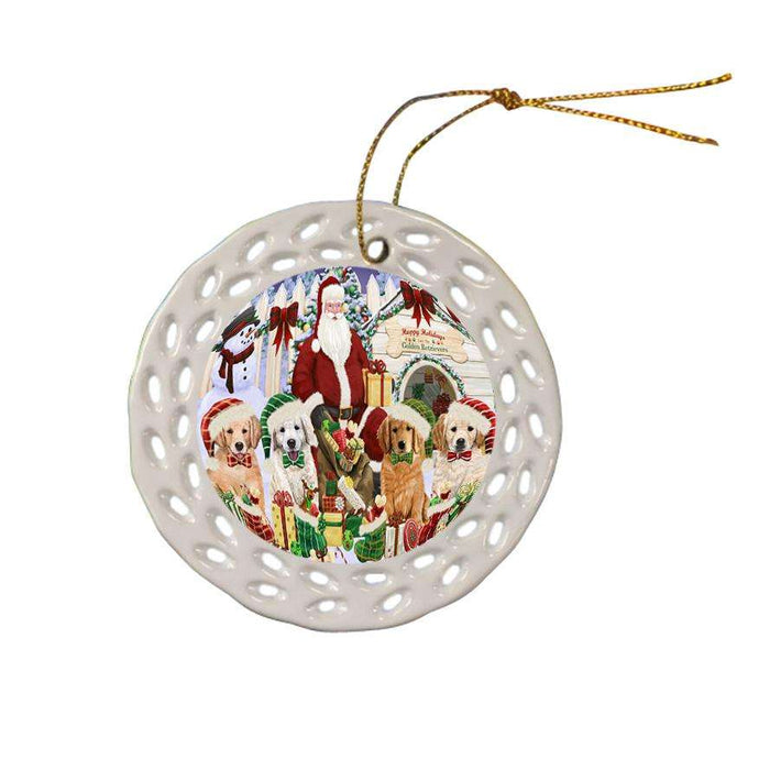 Happy Holidays Christmas Golden Retrievers Dog House Gathering Ceramic Doily Ornament DPOR51453