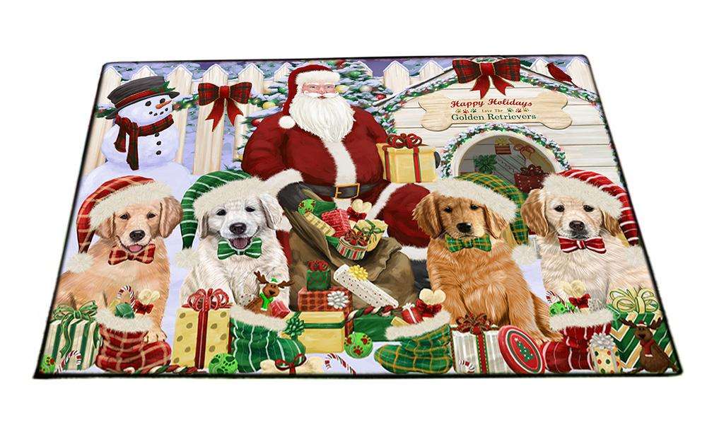 Happy Holidays Christmas Golden Retrievers Dog House Gathering Floormat FLMS51114