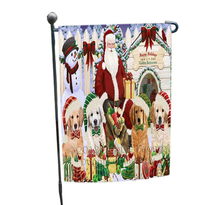 Happy Holidays Christmas Golden Retrievers Dog House Gathering Garden Flag GFLG51315