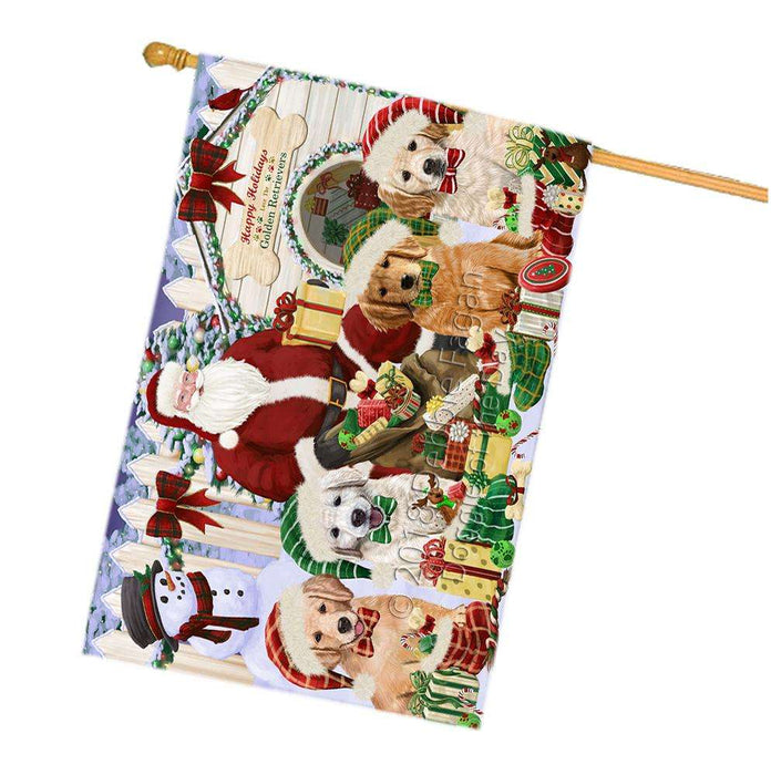 Happy Holidays Christmas Golden Retrievers Dog House Gathering House Flag FLG51451