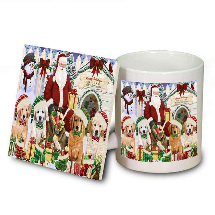 Happy Holidays Christmas Golden Retrievers Dog House Gathering Mug and Coaster Set MUC51445