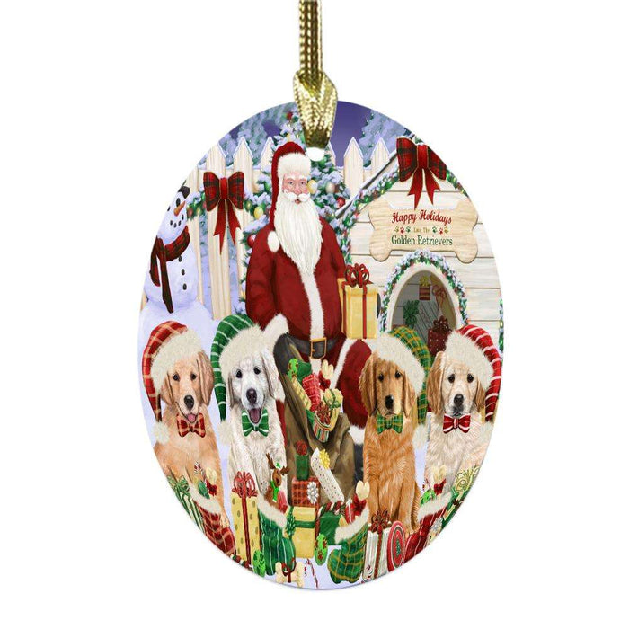 Happy Holidays Christmas Golden Retrievers Dog House Gathering Oval Glass Christmas Ornament OGOR49704