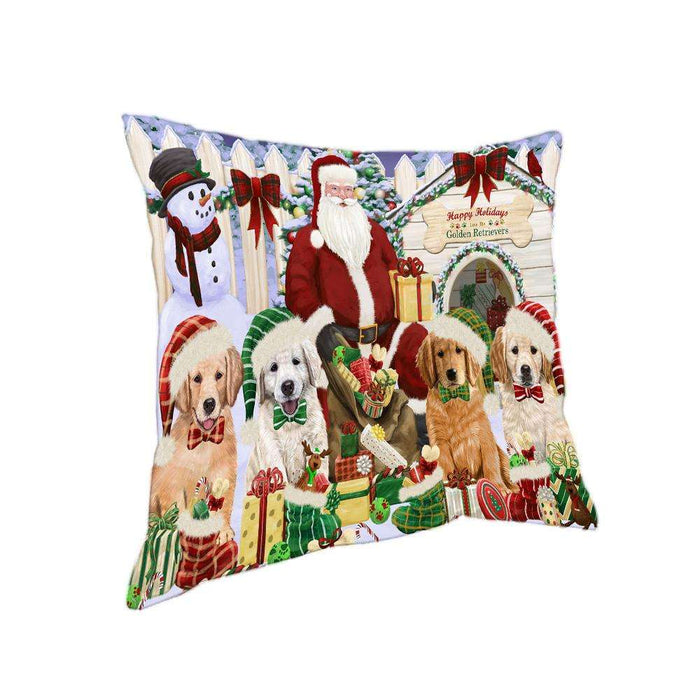 Happy Holidays Christmas Golden Retrievers Dog House Gathering Pillow PIL61636