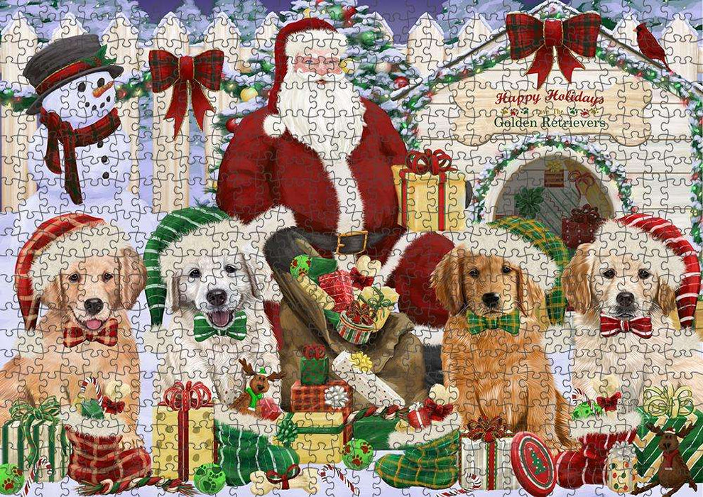 Happy Holidays Christmas Golden Retrievers Dog House Gathering Puzzle with Photo Tin PUZL58041