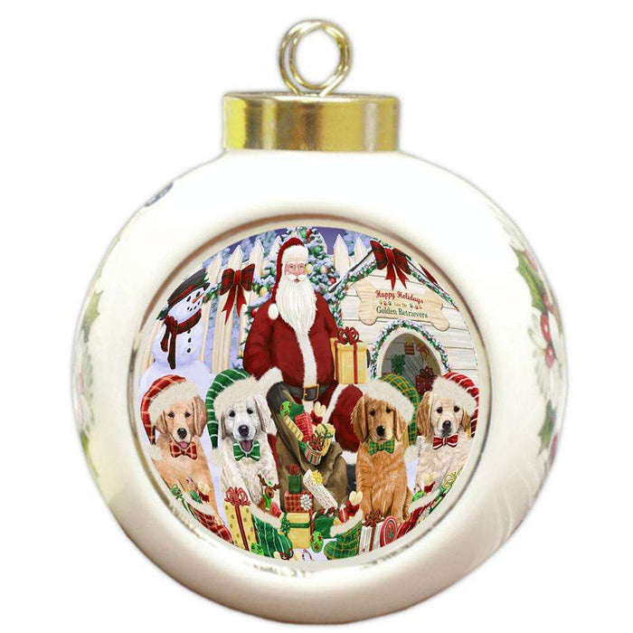 Happy Holidays Christmas Golden Retrievers Dog House Gathering Round Ball Christmas Ornament RBPOR51453